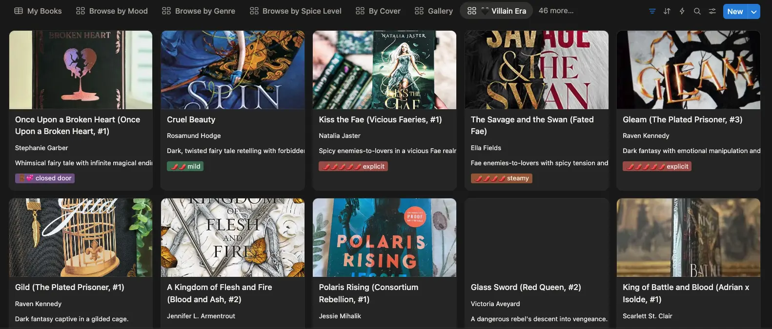 Cover gallery filtered to a Villain Era mood view with spice tags