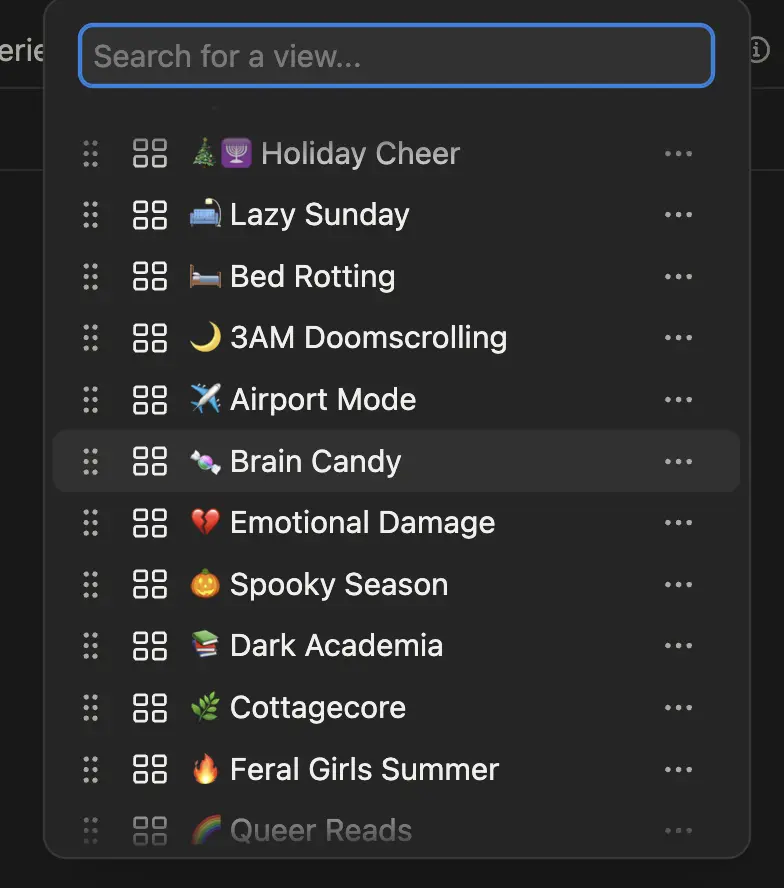 Saved mood view list showing Holiday Cheer, Lazy Sunday, and Bed Rotting