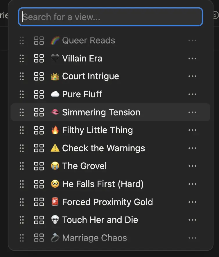Saved mood views list featuring Villain Era, Court Intrigue, and Simmering Tension